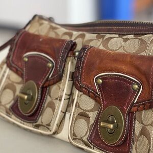 RARE!! COACH 65th Signature Canvas and Leather Shoulder Legacy Bag in Brown/Tan